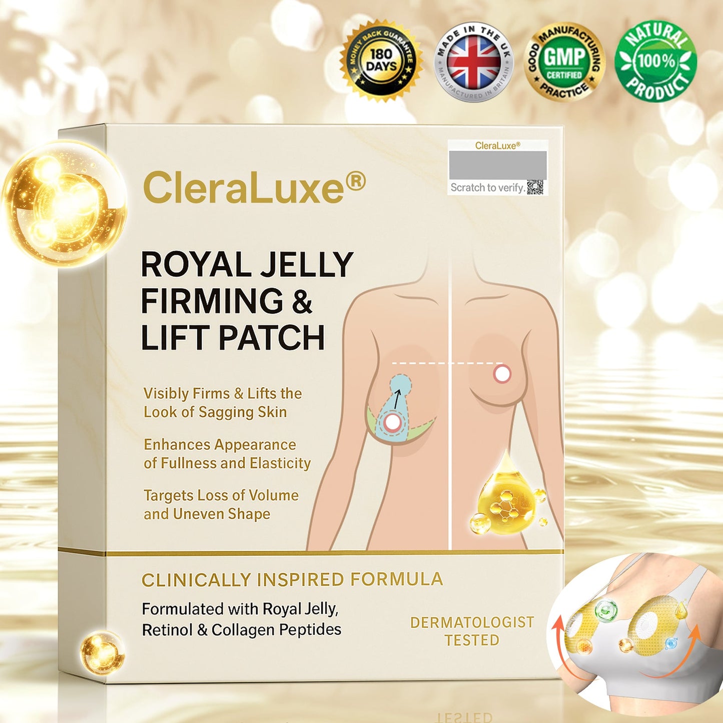 Official Online Offer | CleraLuxe® ROYAL JELLY FIRMING & LIFT PATCH - Safe to use during breastfeeding – suitable for concerns such as underdeveloped breasts, sagging, flatness, skin creasing, and nipple pigmentation.
