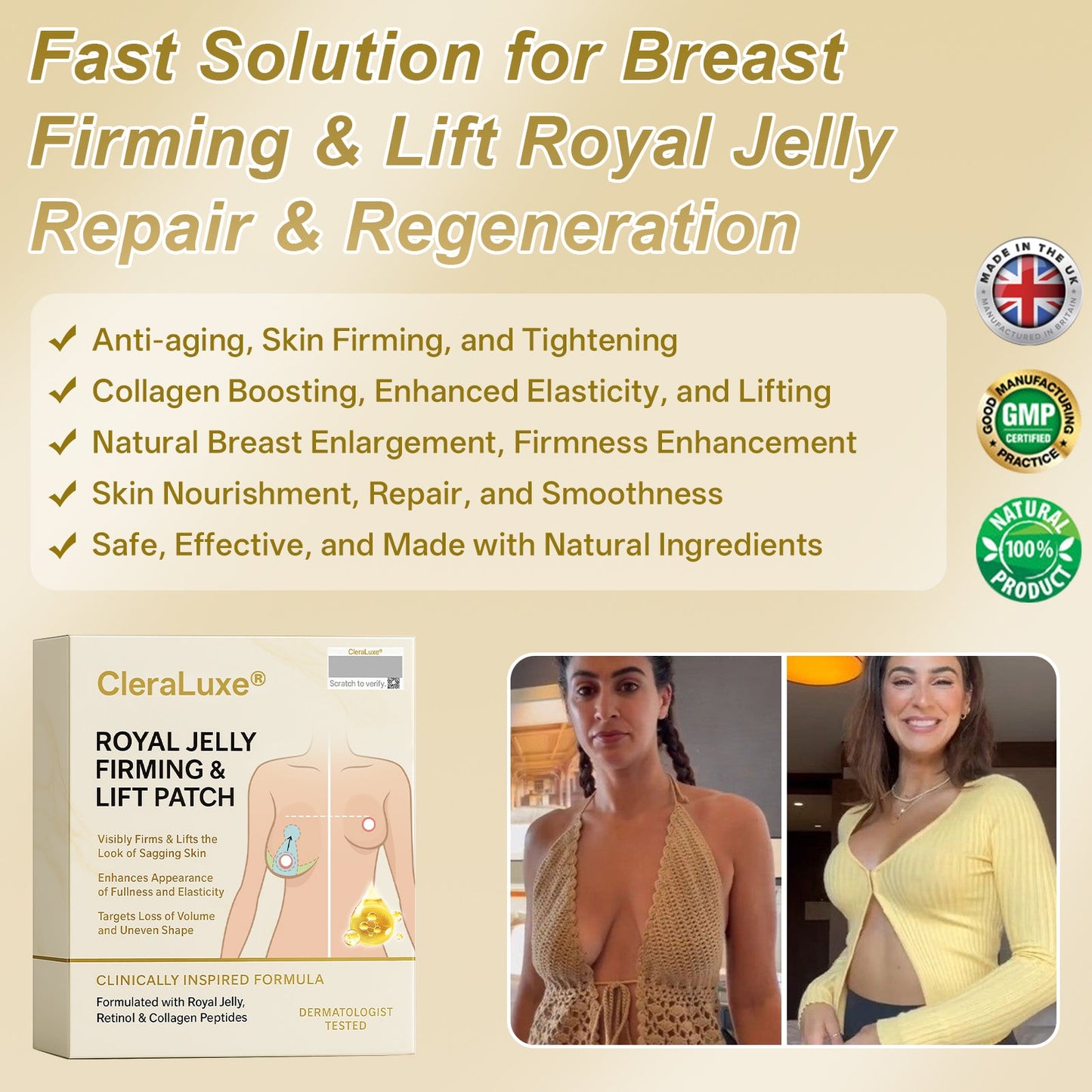 Official Online Offer | CleraLuxe® 🌞 ROYAL JELLY FIRMING & LIFT PATCH - Safe to use during breastfeeding – suitable for concerns such as underdeveloped breasts, sagging, flatness, skin creasing, and nipple pigmentation.