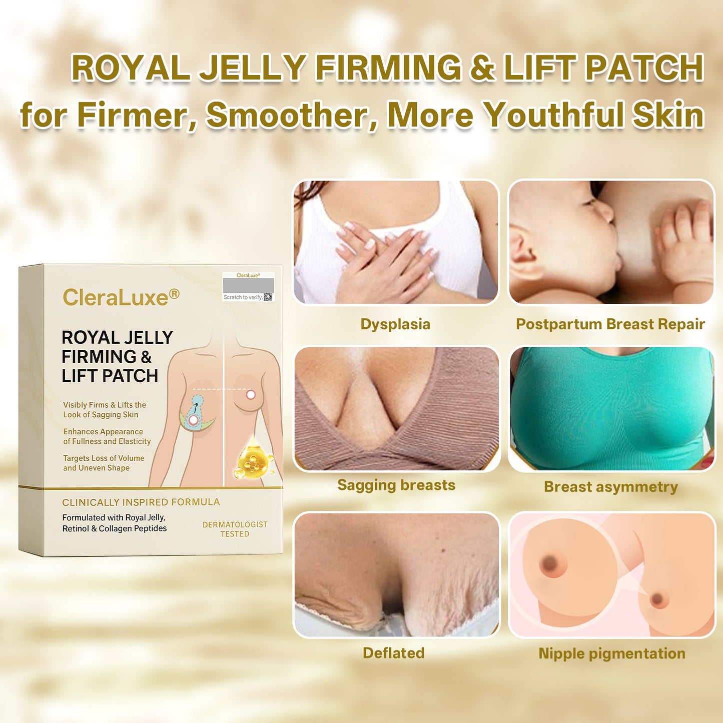Official Online Offer | CleraLuxe® 💎 ROYAL JELLY FIRMING & LIFT PATCH - Safe to use during breastfeeding – suitable for concerns such as underdeveloped breasts, sagging, flatness, skin creasing, and nipple pigmentation.